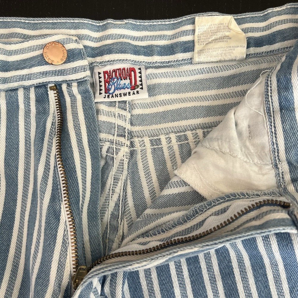 Vintage 90s High Waisted Mom Shorts 12 Backroad Blues Blue White Railroad Stripe - Picture 5 of 11